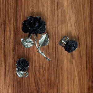 Vintage Black Rose Brooch Clip On Earrings‎ Silver-Tone Romantic Floral Jewelry